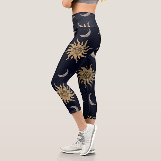 Gold Moon Sun Mandala Blue Night Sky Pattern Capri Leggings (Left)