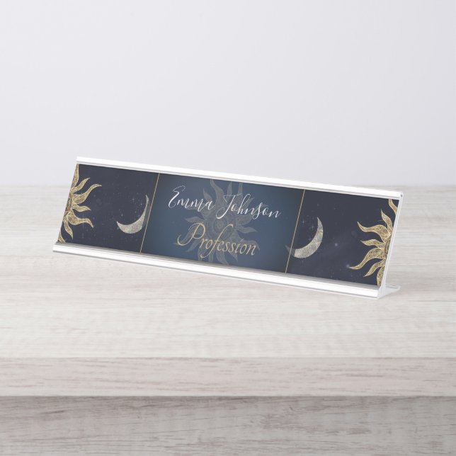 Gold Moon Sun Mandala Blue Night Sky Pattern Desk Name Plate (Front)