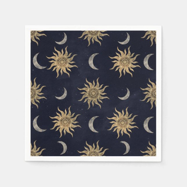 Gold Moon Sun Mandala Blue Night Sky Pattern Napkin (Front)