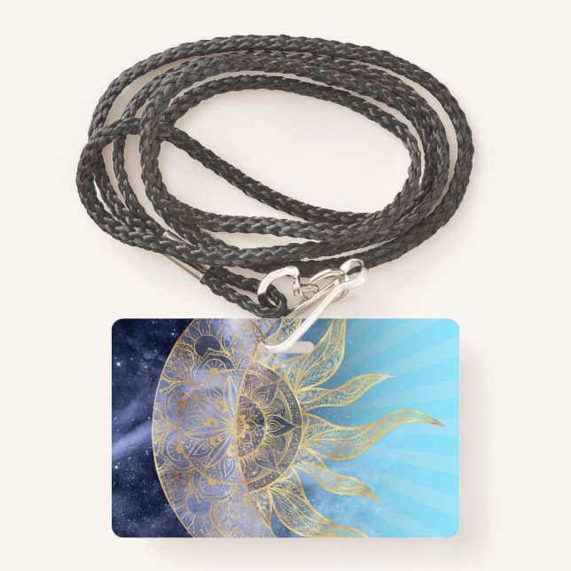 Gold Moon Sun Mandala Celestial Design ID Badge (Front with Lanyard)