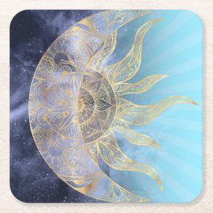 Gold Moon Sun Mandala Celestial Design Square Paper Coaster