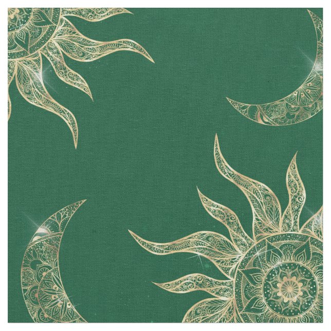 Gold Moon Sun Mandala Green Pattern Fabric (Close Up)