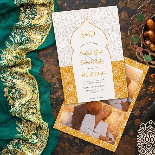 Gold Moroccan floral initials 3 photo wedding Invitation (Creator Uploaded)