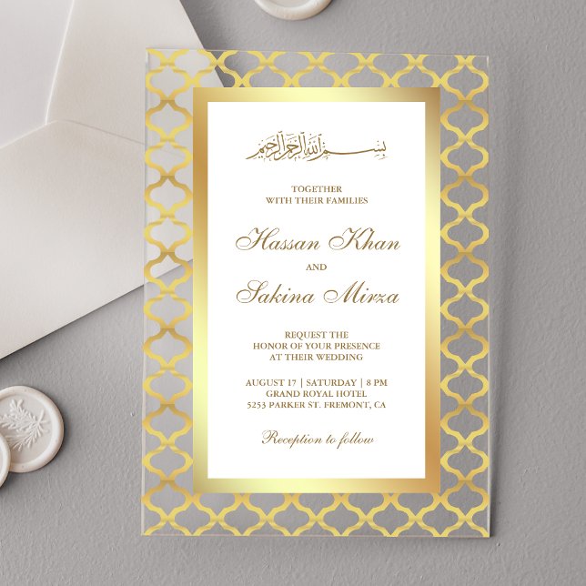 Gold Moroccan Quatrefoil Muslim Wedding Acrylic Invitations (Creator Uploaded)