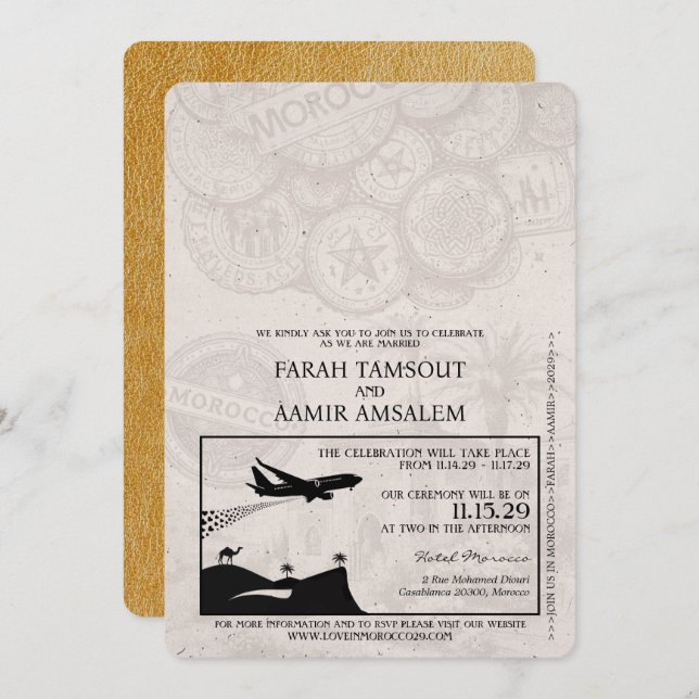 Gold Morocco Passport Wedding Invitation (Front/Back)