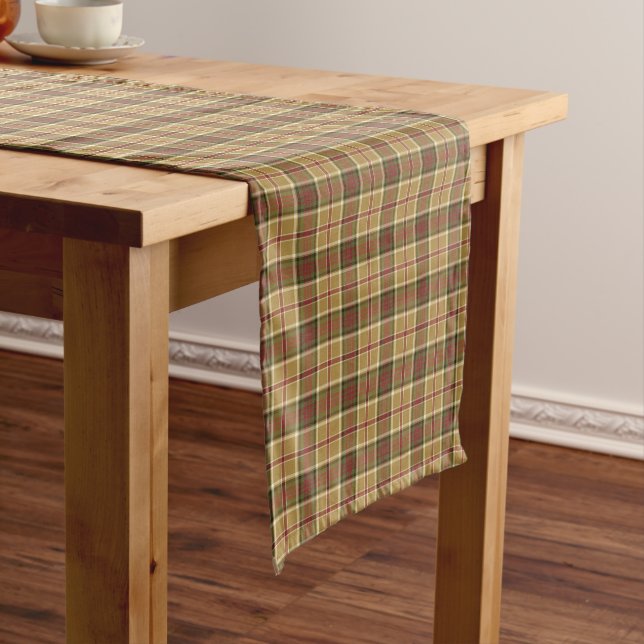Gold, Moss Green and Red Plaid Short Table Runner (In Situ)