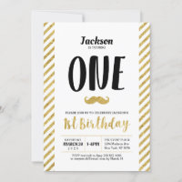 Gold, Moustache | Boy 1st Birthday Invitation