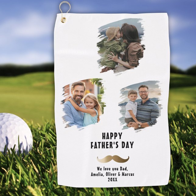 Gold Moustache Happy Father's Day 3 Photo Golf Towel (Creator Uploaded)