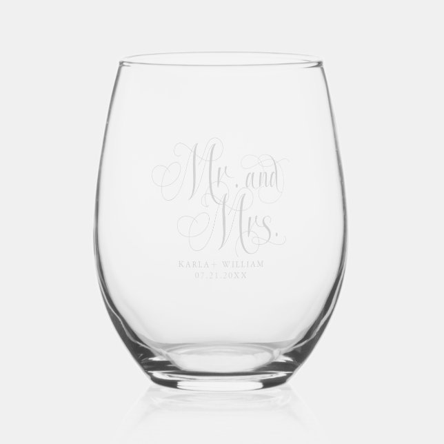 Gold Mr. and Mrs. Elegant Script Typography Stemless Wine Glass (Front)