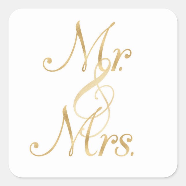 Gold Mr. & Mrs. stickers, foil font, square Square Sticker (Front)