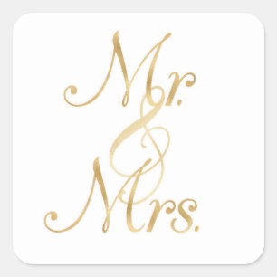 Gold Mr. & Mrs. stickers, foil font, square Sticker