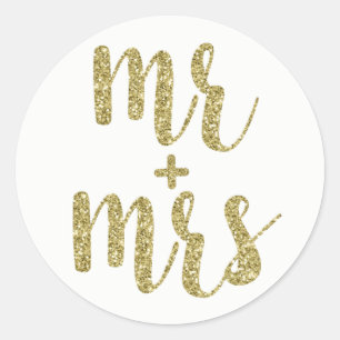 Gold Mr. & Mrs. stickers, glitter, round Classic Round Sticker