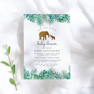 Gold Mum & Baby Elephant Jungle Leaves Baby Shower Invitation