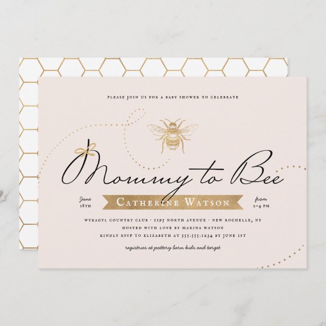 Gold Mummy to Bee Baby Shower Pink Blush Invitation (Front/Back)