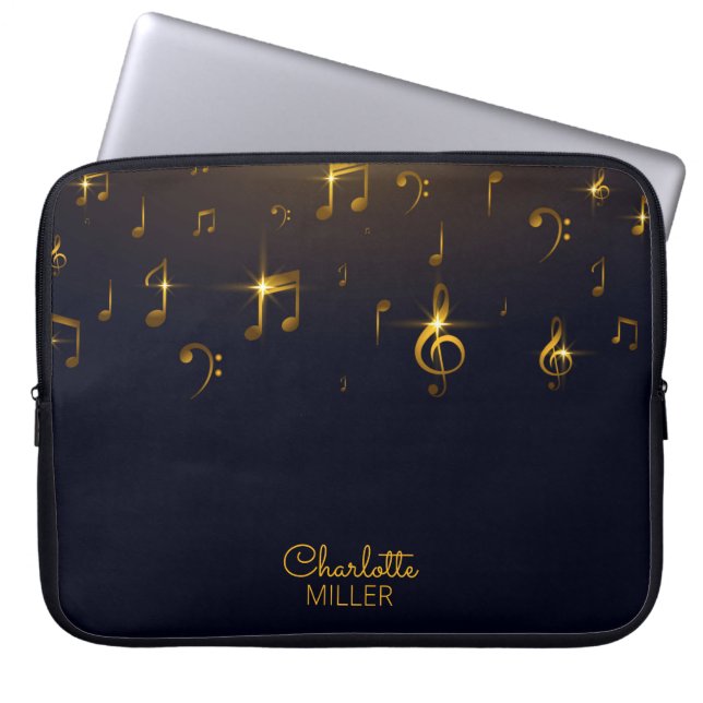 Gold Music Notes and Custom Name Laptop Sleeve (Front)