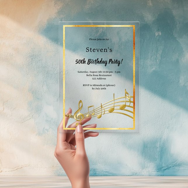 Gold music notes birthday clear acrylic invitations (Creator Uploaded)
