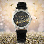 Gold music notes black name watch<br><div class="desc">Simple and elegant for a music lover or musician! Black background with faux gold music notes. Template for your name,  golden letters.  Golden clock numbers.</div>