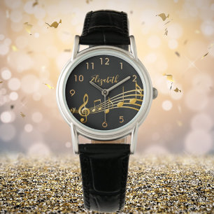 Gold music notes black name watch