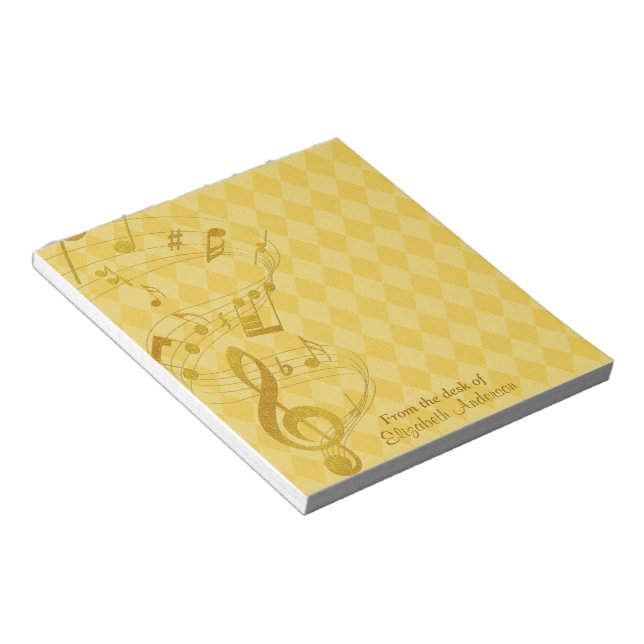 Gold Music Notes Harlequin Personalised Notepad (Angled)