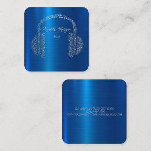 Gold Music Notes Headphone DJ Blue Metallic Square Business Card