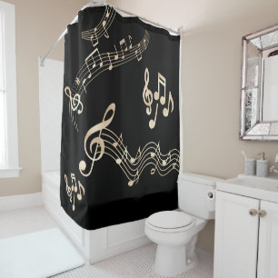 Gold Music Notes on Black Medium Shower Curtain