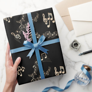 Gold Music Notes on Black Medium Wrapping Paper