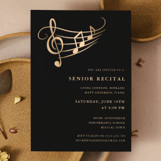 Gold Music Notes Senior Recital Elegant Invitation