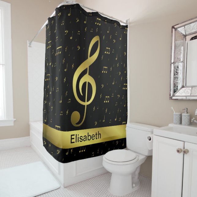 gold music notes shower curtain (In Situ)