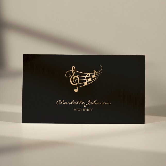 Gold Music Notes Wavy Stave Violinist Elegant Business Card (Creator Uploaded)