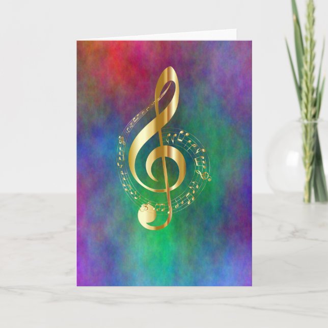 Gold Music Treble Clef on Colourful Rainbow Colour Card (Front)