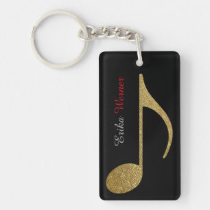 Gold Musical Note with name and initials black Key Ring