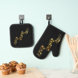 Gold Musical Notes Custom Colours Oven Mitt & Pot Holder Set