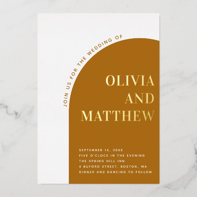 Gold mustard modern typography arch fall wedding (Front)