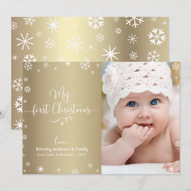 Gold My First Christmas Baby Photo Snowflakes Chic Holiday Card (Front/Back)