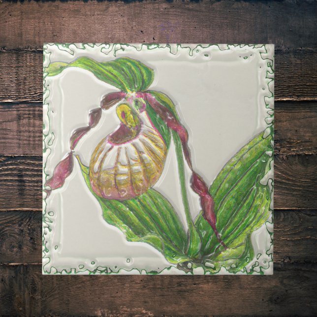 Gold n Red Lady Slipper Orchid Botanical Side View Tile (Creator Uploaded)