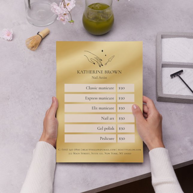 Gold Nail Artist Beauty Salon Price List Template (Elegant Gold Nail Salon Price List Template Custom Beauty Services Menu)