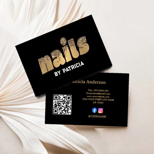 Gold Nails Glitter Drips Typography Nail Tech Business Card (Gold Nails Glitter Drips Typography Nail Tech Business Card)