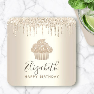 Gold name cupcake glitter drips script birthday square paper coaster