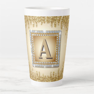 ✨ Gold Name Monogram Diamond Frame ✨ Latte Mug