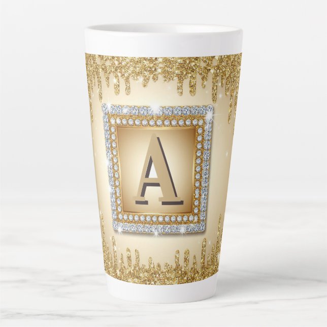 ✨ Gold Name Monogram Diamond Frame ✨ Latte Mug (Front)