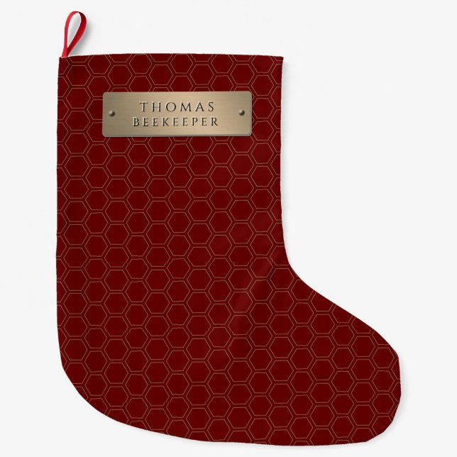 Gold Nameplate Honeycomb Beekeeper Large Christmas Stocking (Front)