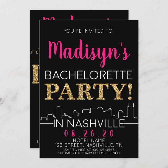 Gold Nashville Bachelorette Party Itinerary and Invitation (Front/Back)