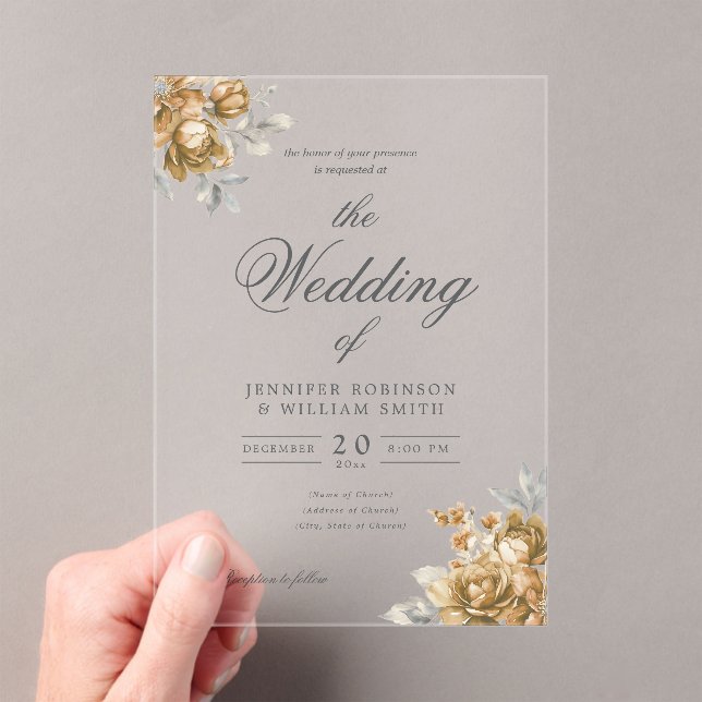 Gold Natural Rustic Floral Elegant Script Wedding  Acrylic Invitations (Insitu (Handheld))