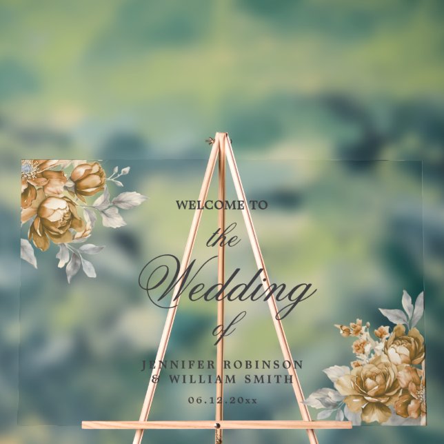 Gold Natural Rustic Floral Elegant Script Wedding  Acrylic Sign (Neutral)