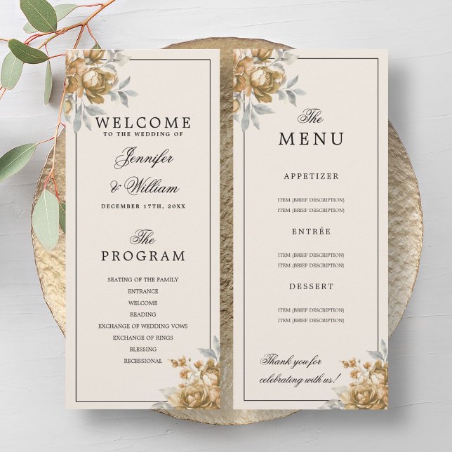 Gold Natural Rustic Floral Wedding Program Menu Invitation (Gold Natural Rustic Floral Wedding Program Menu)
