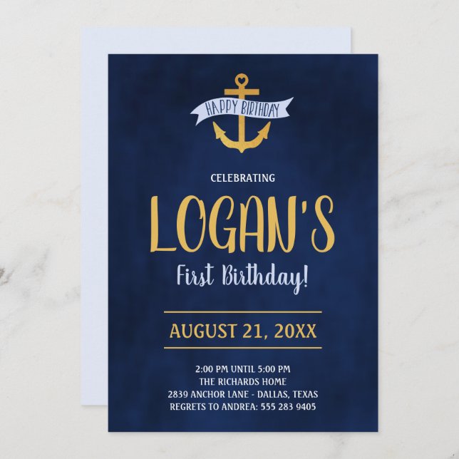Gold Nautical Anchor Birthday Party Invitation (Front/Back)