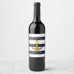 Gold Nautical Anchor Navy Blue & White Wedding Wine Label