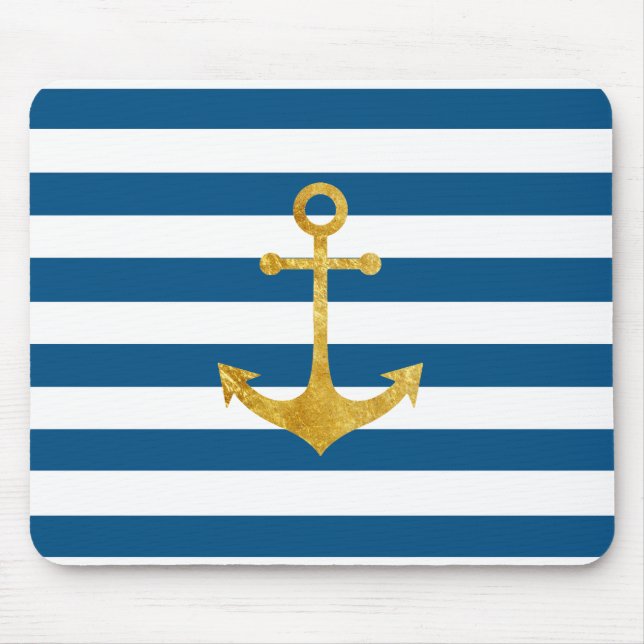 gold nautical anchor on blue stripes mouse pad (Front)