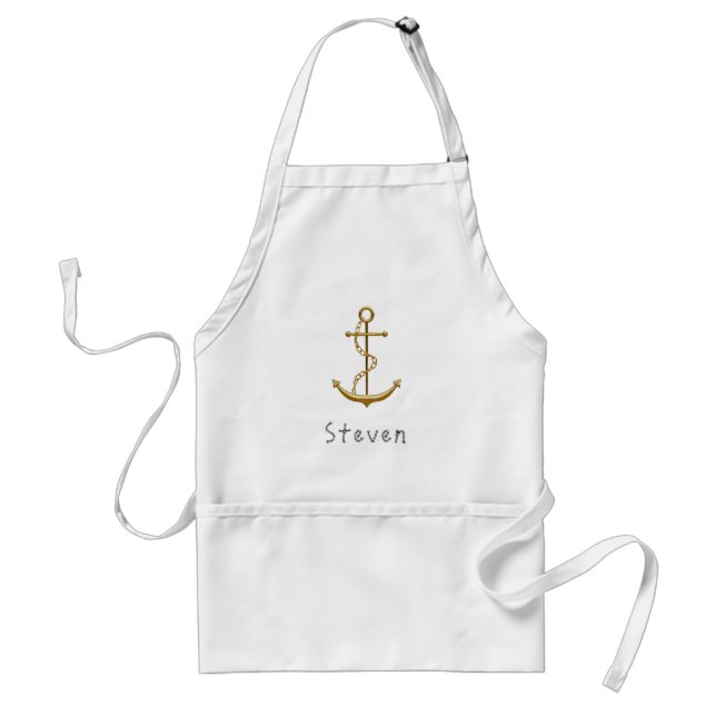 Gold nautical anchor on white custom name standard apron (Front)