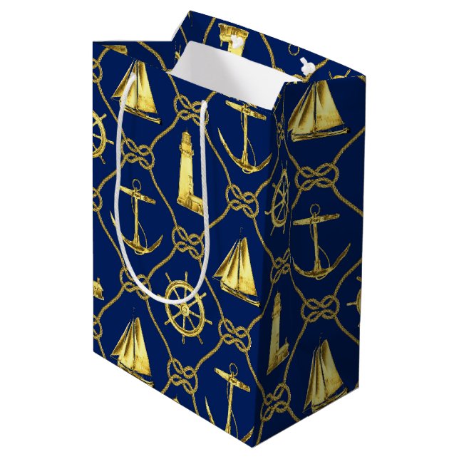 Gold Nautical Anchor Ships Rope Knots Medium Gift Bag (Back Angled)